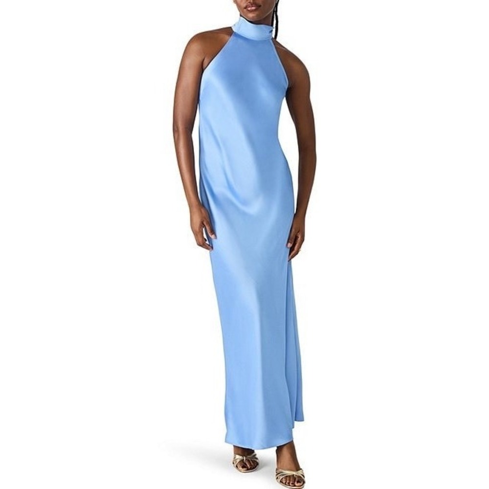 Steve Madden Lara High Neck Maxi Dress M Blue Satin Halter Formal Wedding Guest